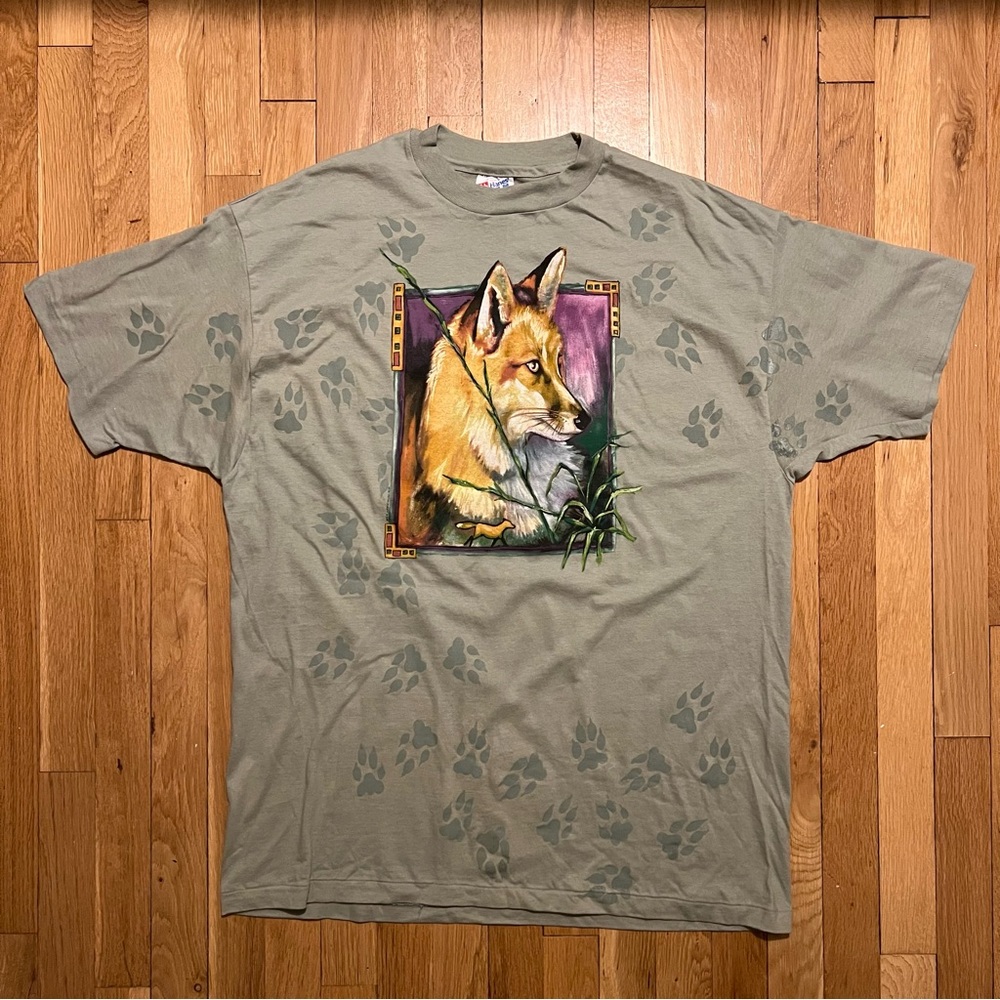 Vintage 1993 Fox AOP Paws On Location Green XL T Shirt